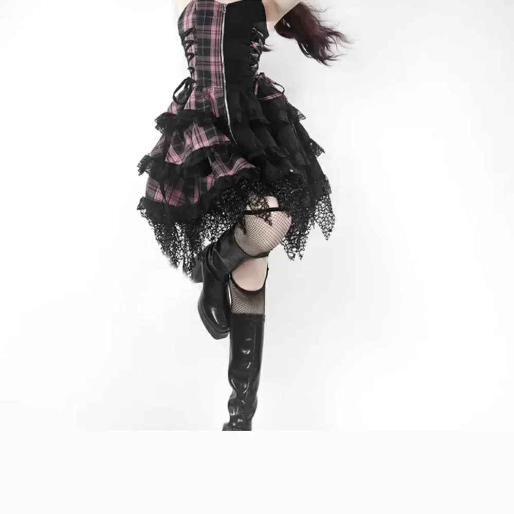Pink Plaid & Solid Black Cute Punk Dress w/ Layered Lace Skirt & Front Zipper - Picture 4 of 6